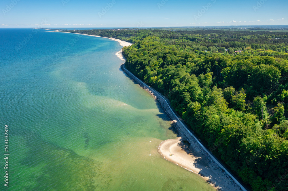 Aerial landscape of the cliff in Rozewie by the Baltic Sea at summer. Poland.