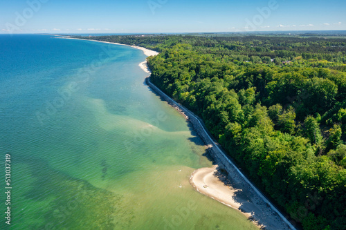 Aerial landscape of the cliff in Rozewie by the Baltic Sea at summer. Poland.