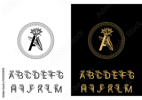 round shape logo template. Vintage style, monogram with flower