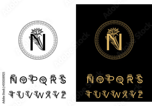 round shape logo template. Vintage style, monogram with flower