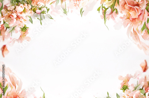 Pink flowers with green leaves overhead view flat lay copyspace painted watercolor oil paint effect. Digital Painting  Oil Paint Effect. Digital Painting  Oil Paint Effect.   