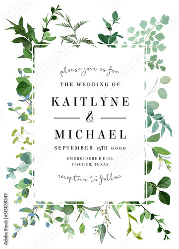Herbal vertical vector frame. Hand painted plants, branches, leaves on a white background