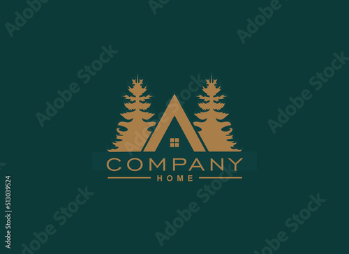 Evergreen Home Logo. Geometric Shape Tree with House Icon Isolated on Green Background. Usable for Real Estate, Business and Branding Logos. Flat Vector Design Template Element