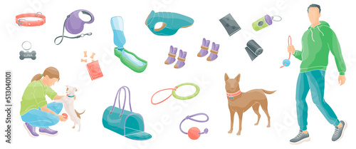 Leinwand Poster Women play with small dog, man walking with big dog and set elements about walk with pet, clothes, shoes, toys, biscuits, carrying bag, portable water bowl, collar, leash