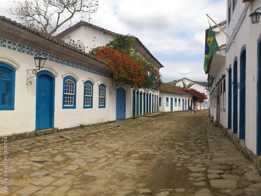 Street of historical center in Paraty, Rio de Janeiro, Brazil. Paraty is a preserved Portuguese colonial and Brazilian Imperial municipality