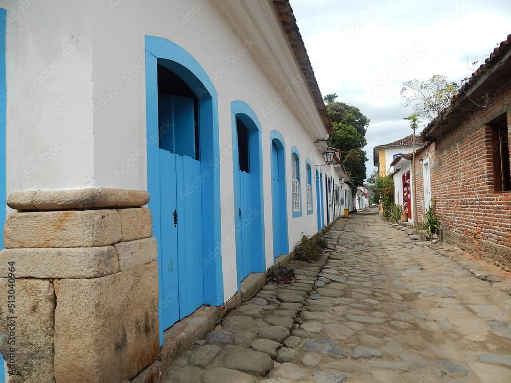 Street of historical center in Paraty, Rio de Janeiro, Brazil. Paraty is a preserved Portuguese colonial and Brazilian Imperial municipality