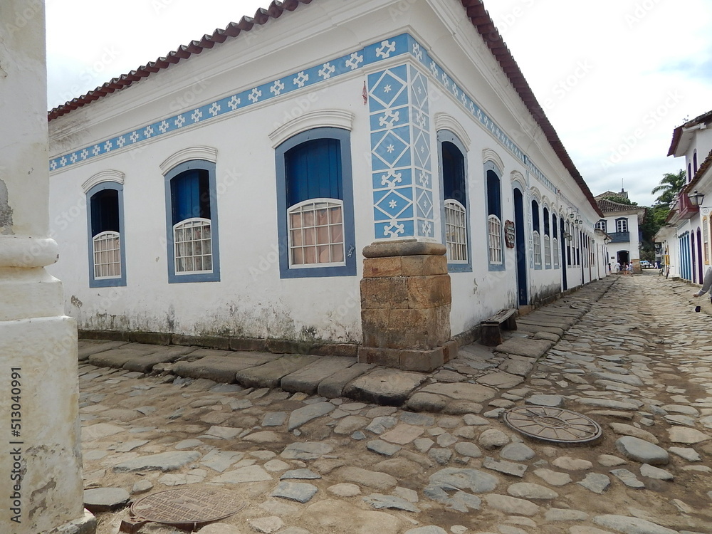 Street of historical center in Paraty, Rio de Janeiro, Brazil. Paraty is a preserved Portuguese colonial and Brazilian Imperial municipality