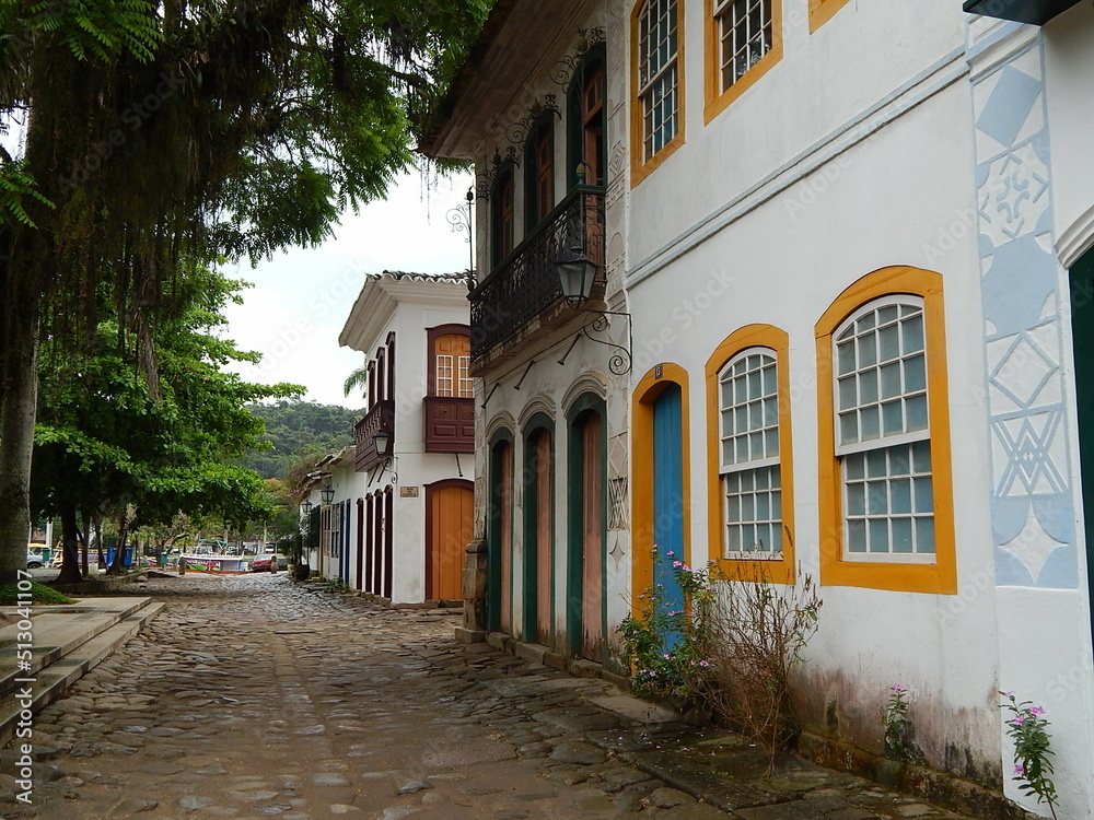 Street of historical center in Paraty, Rio de Janeiro, Brazil. Paraty is a preserved Portuguese colonial and Brazilian Imperial municipality