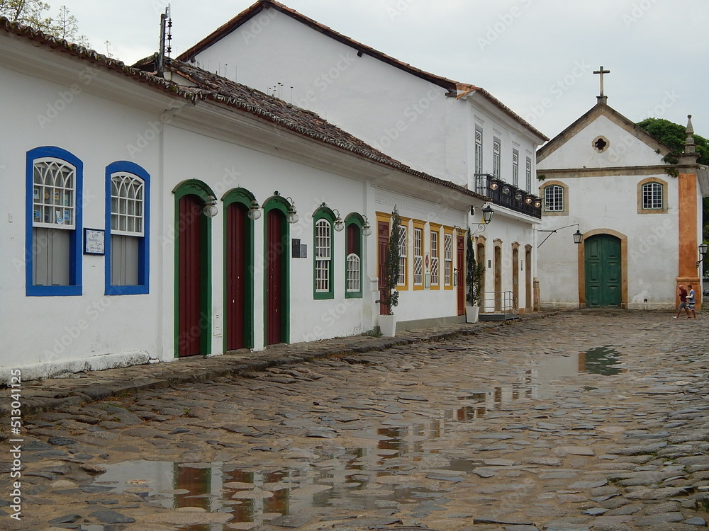 Street of historical center in Paraty, Rio de Janeiro, Brazil. Paraty is a preserved Portuguese colonial and Brazilian Imperial municipality