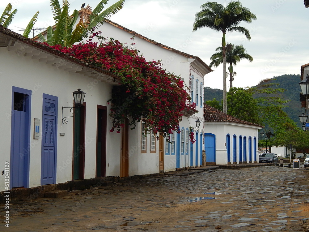 Street of historical center in Paraty, Rio de Janeiro, Brazil. Paraty is a preserved Portuguese colonial and Brazilian Imperial municipality