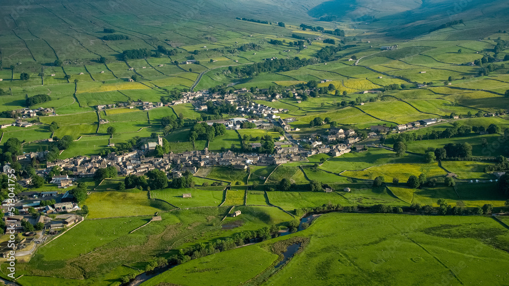 An Aerial view of Hawes a market town and civil parish in the Richmondshire district of North Yorkshire, England, at the head of Wensleydale in the Yorkshire Dales