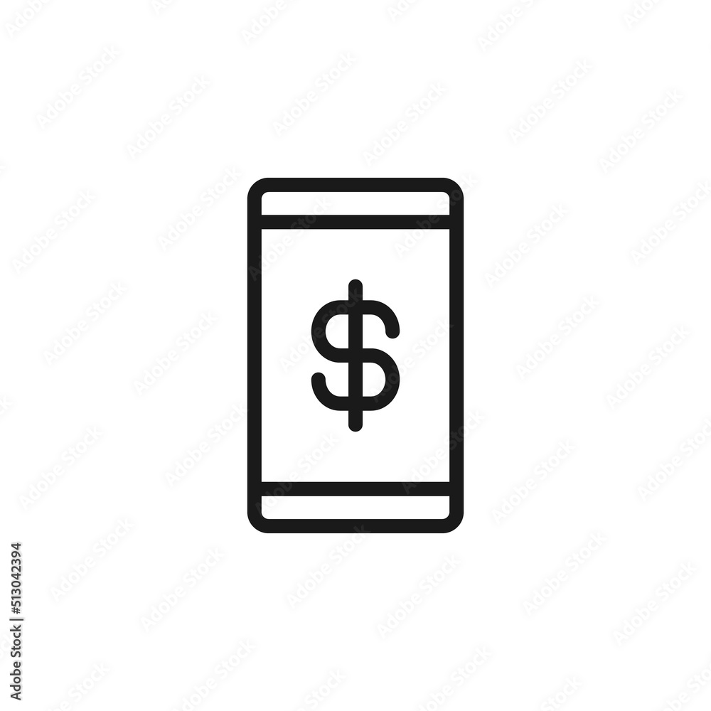 Business, money, finance concept. Vector signs drawn with black line. Suitable for adverts, web sites, apps, articles. Line icon of dollar on display of smartphone Business, money, finance concept. Vector signs drawn with black line. Suitable for adverts, web sites, apps, articles. Line icon of dollar on display of smartphone