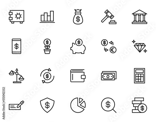 Business, money, finance concept. Vector signs drawn with black line. Line icon set with symbols of dollar, pie chart, money, wallet, progress, development, judge etc