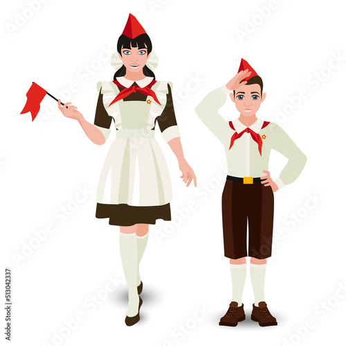 School suit of the pioneers of the times of the USSR. The girl is holding a red flag in her hand and a little boy with a red tie and cap. Vector historical fashion illustration.