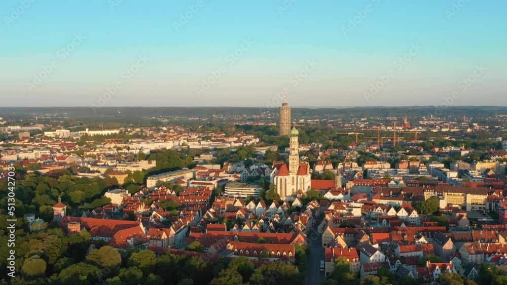 Top view of the city center of Augsburg. St. Ulrich Church.