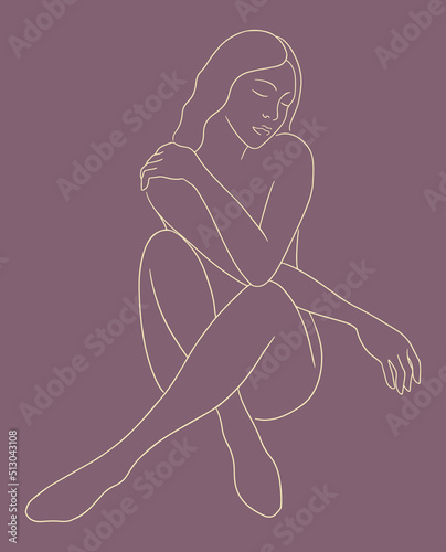 Vector hand drawn illustration of nude woman. Line art silhouette of naked woman sitting with crossed legs