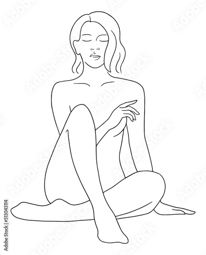 Line art sketch of naked woman sitting with crossed legs. Vector hand drawn illustration of nude woman