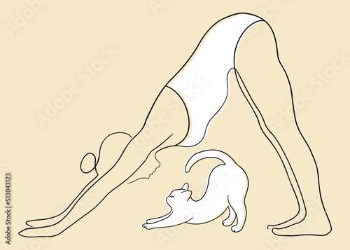 Line art vector illustration of a woman in yoga downward dog pose with cat. Yoga with animals hand drawn sketch