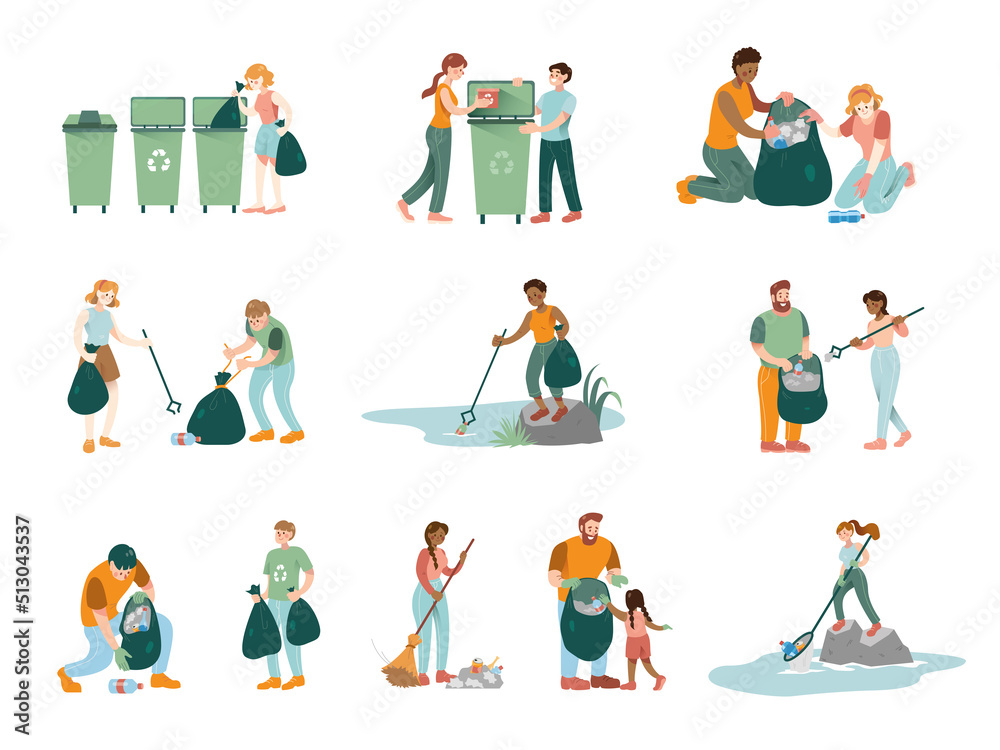 Garbage recycling trash sorting rubbish seperation people cleaning nature litter throwing outdoor sweeping waste material washing collecting junks domestic refuse non biodegradable vector illustration
