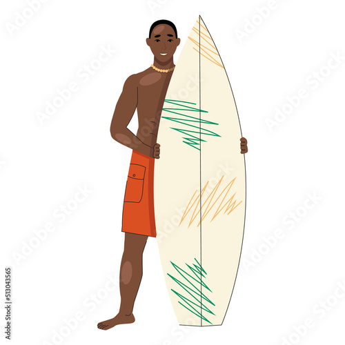 Black guy surfer in a swimsuit holds a surfboard in his hands. Vector graphic.