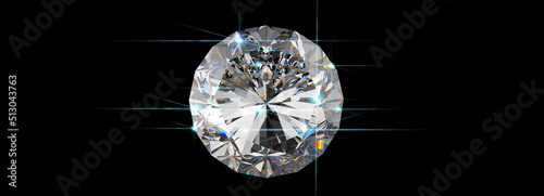 3D rendering illustration.Round cut diamond on black dark glossy background, rear light, shadow, caustics rays. photo