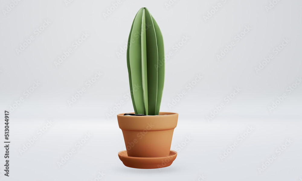 Fototapeta premium Green cactus in a brown plant pot , planted clay pot isolated on white background. 3D Rendering Illustration.