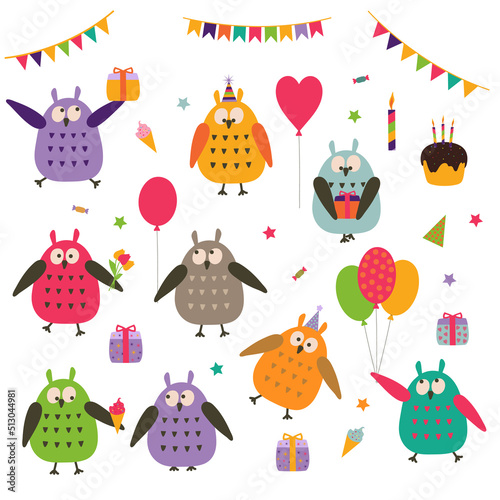 A set of cute cartoon owls with holiday elements: balloons, candles, gifts, sweets, cake, flowers, garlands, flags, Vector flat illustration. Isolated elements. 