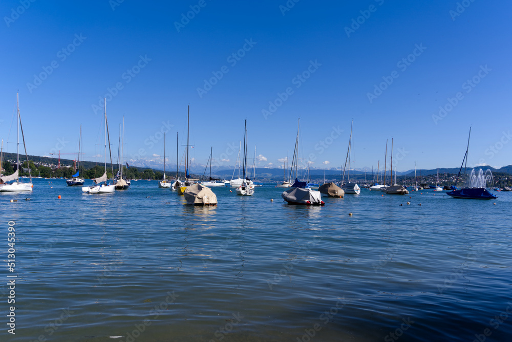 Obraz premium Scenic landscape with moored sailing boats at lakeshore of Lake Zürich at City of Zürich on a sunny summer day. Photo taken June 11th, 2022, Zurich, Switzerland.
