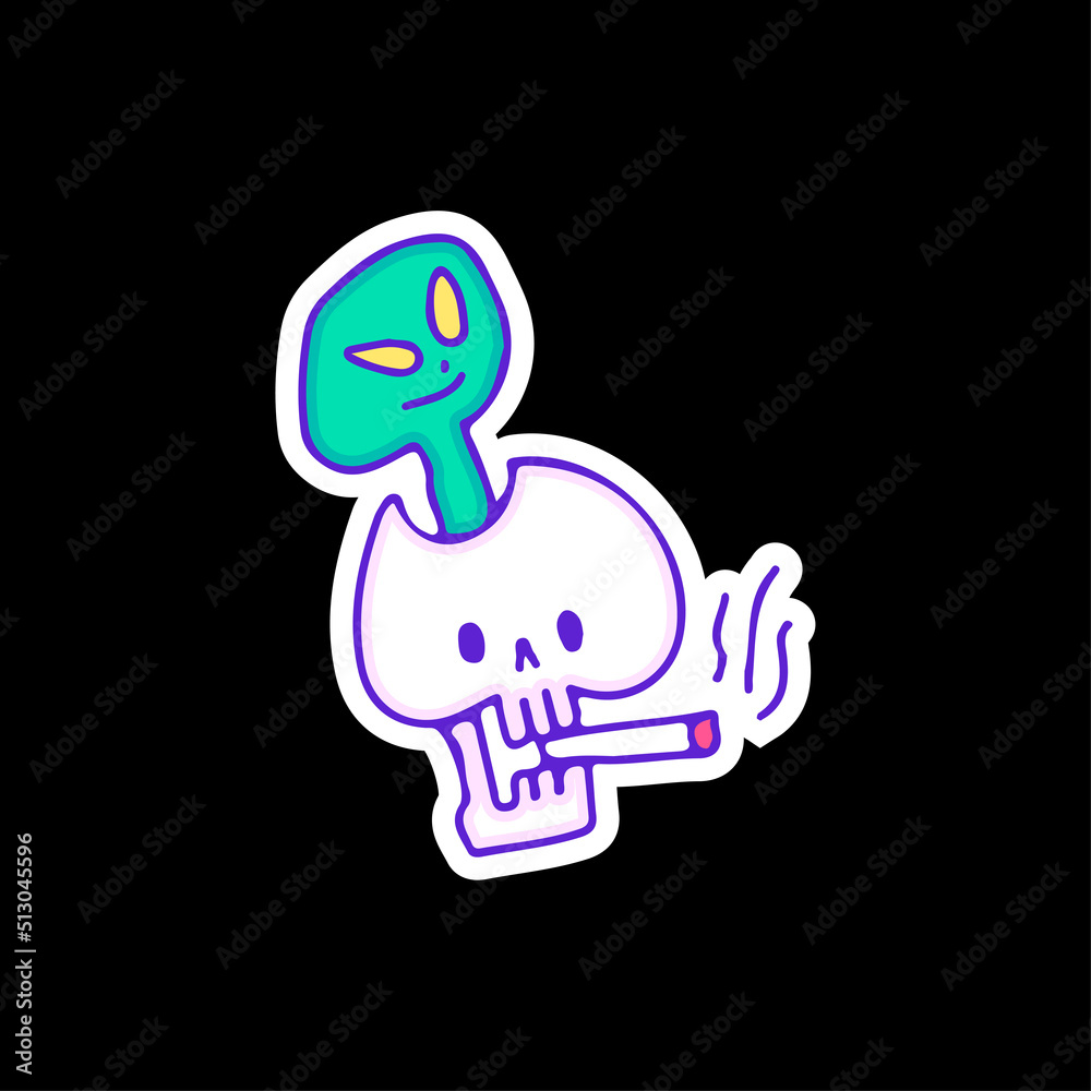 Skull smoke cigarette with alien inside the head, illustration for t-shirt, sticker, or apparel merchandise. With doodle, retro, and cartoon style. Skull smoke cigarette with alien inside the head, illustration for t-shirt, sticker, or apparel merchandise. With doodle, retro, and cartoon style.