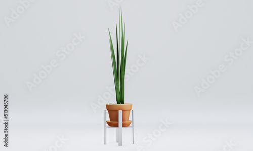 Green air purifying tree Tree in a brown plant pot  with white plant pot stand isolated on white background. 3D Rendering Illustration