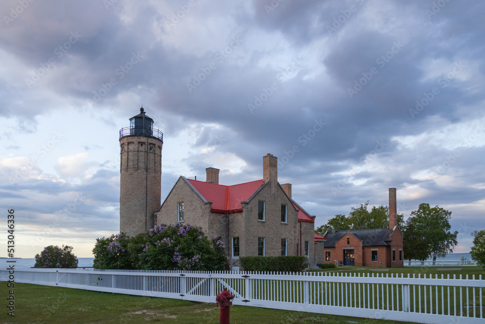 Old Mackinac Point Lighthouse at sunset, Mackinaw City, Michigan