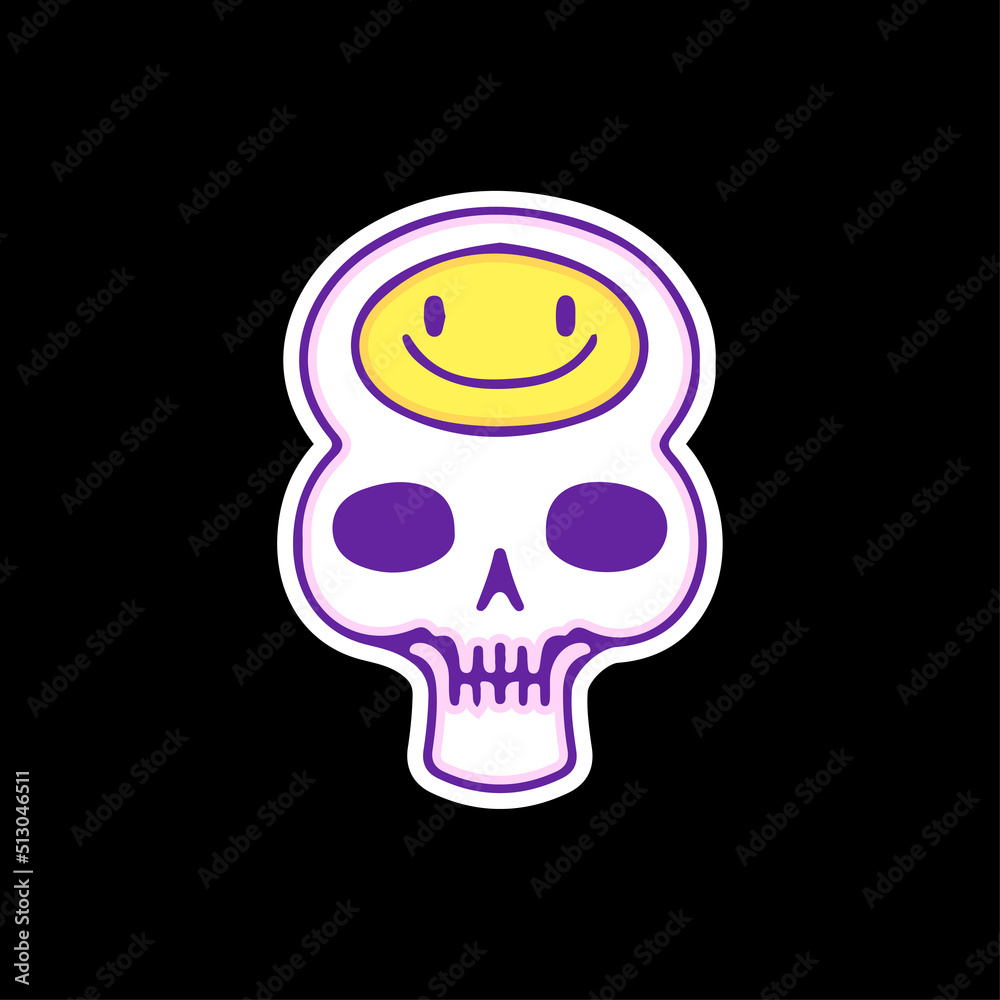Unique skull head with smile emoticon, illustration for t-shirt, sticker, or apparel merchandise. With doodle, retro, and cartoon style.