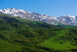 Snowy mountain landscape with alpine forest, Armenia