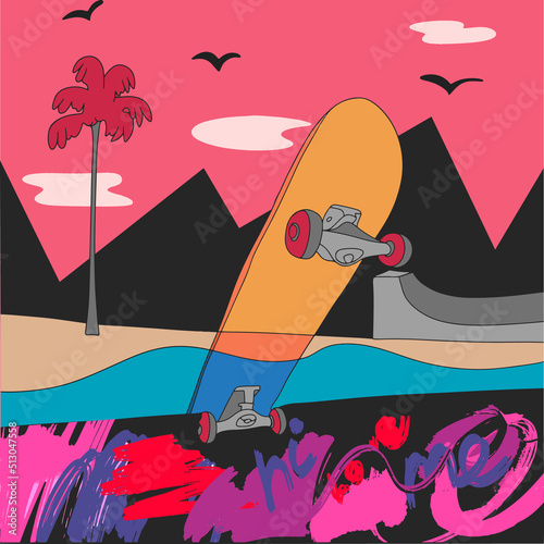 Summer vector illustration, landscape, skateboard on the beach, curb graffiti