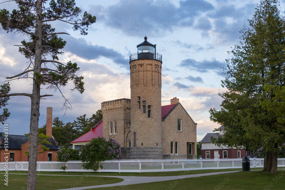 Old Mackinac Point Lighthouse at sunset, Mackinaw City, Michigan