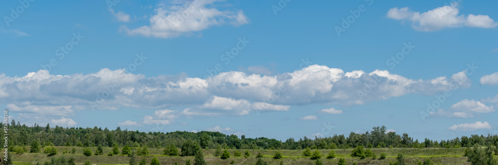panorama niebieskiego pogodnego nieba z białymi chmurami obłokami nad zieloną trawą panorama niebieskiego pogodnego nieba z białymi chmurami obłokami nad zieloną trawą