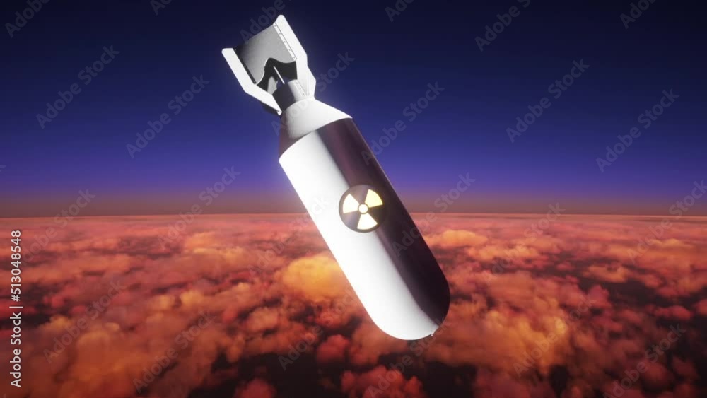 Dropping a nuclear bomb above a city followed by an explosion. Atomic bomb exploding in the sky during WW3. Nuclear attack with a nuke falling on a city