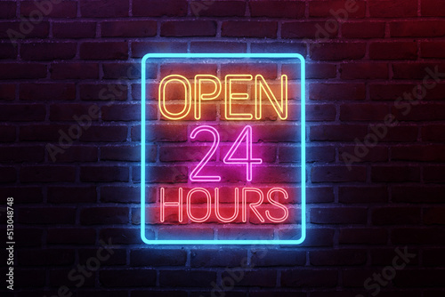Neon open 24 hours sign on brick wall background. 
Bright blue yellow pink red lamp electric illuminated decoration, 3D illustration