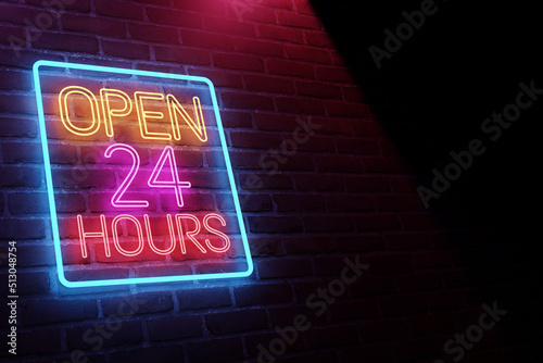 Neon open 24 hours sign on brick wall background. 
Bright blue yellow pink red lamp electric illuminated decoration, 3D illustration