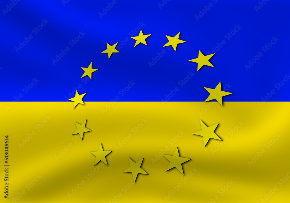 European Union (EU) and Ukraine. European Union flag and Ukraine flag. Concept of aid, association of countries, political and economic relations.