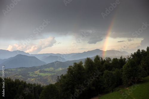 Bad Weather with Rainbow Over Slovene Beautiful Countryside Landscape