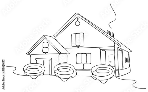 Continuous One Line drawing of House with bushes. Abstract country house in minimalist style. Continuous hand drawn sketch. Vector