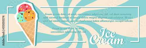 Ice cream illustration with delicious dessert and swirling radial background. Vector design template for promotional banner or poster with vanilla, chocolate, punch. Summer and text