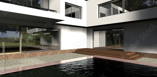 3D render. Luxury high tech house with basin. Corner view. A great idea for an advertising banner for the real estate sale. Good idea for young designers. 