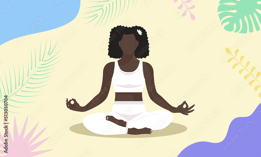 Dark-skinned girl doing lotus yoga pose graphic illustration