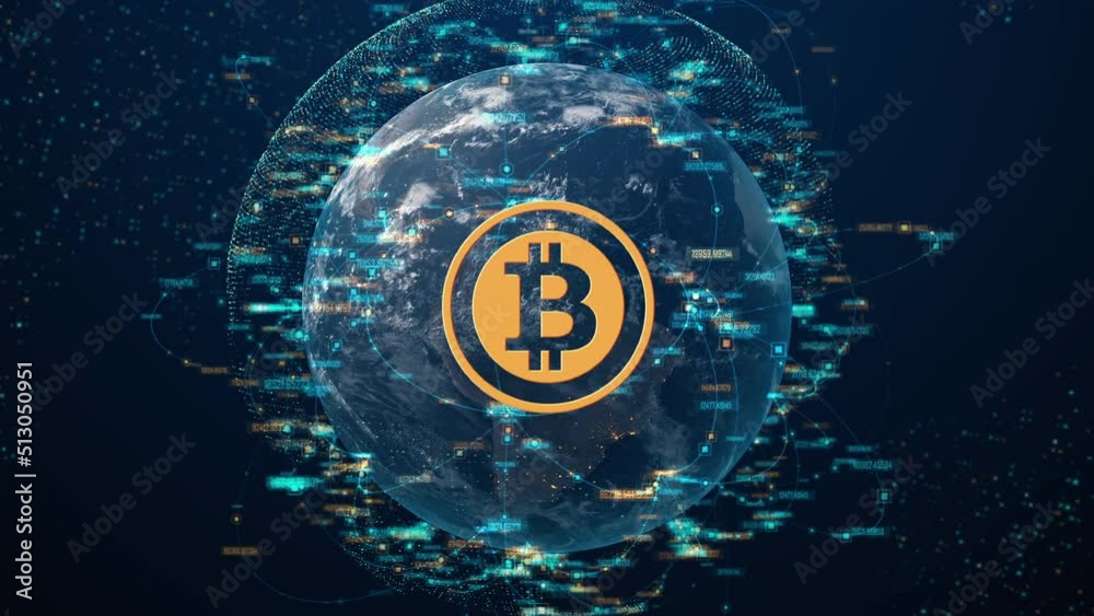 Worldwide Cryptocurrency Bitcoin on Rotating Globe Background with Network Digital Connection In Cyberspace. Concept of Digital Trading and Blockchain Technology. 3D Animation