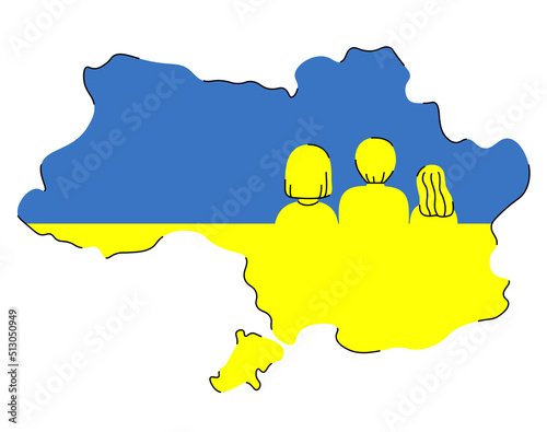 Stop the war - ukraine map with refugee family and country flag