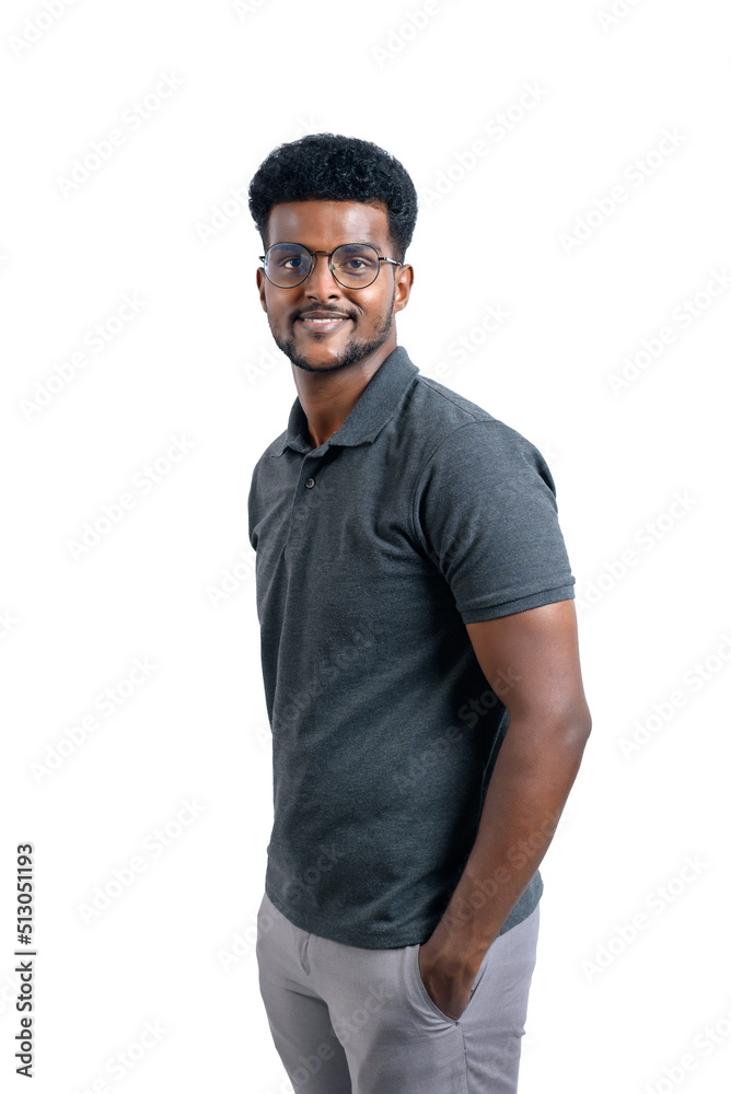 Fototapeta premium Portrait of attractive african american businessman wearing casual wear in smart look, Confident young black man isolated on white background.