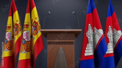 Flags of Spain and Cambodia at international meeting or negotiations press conference. Podium speaker tribune with flags and coat arms. 3d rendering