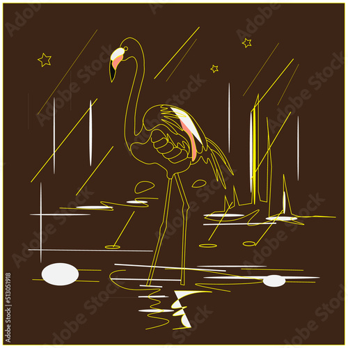 vector illustration of a flaminggo looking for food at night photo